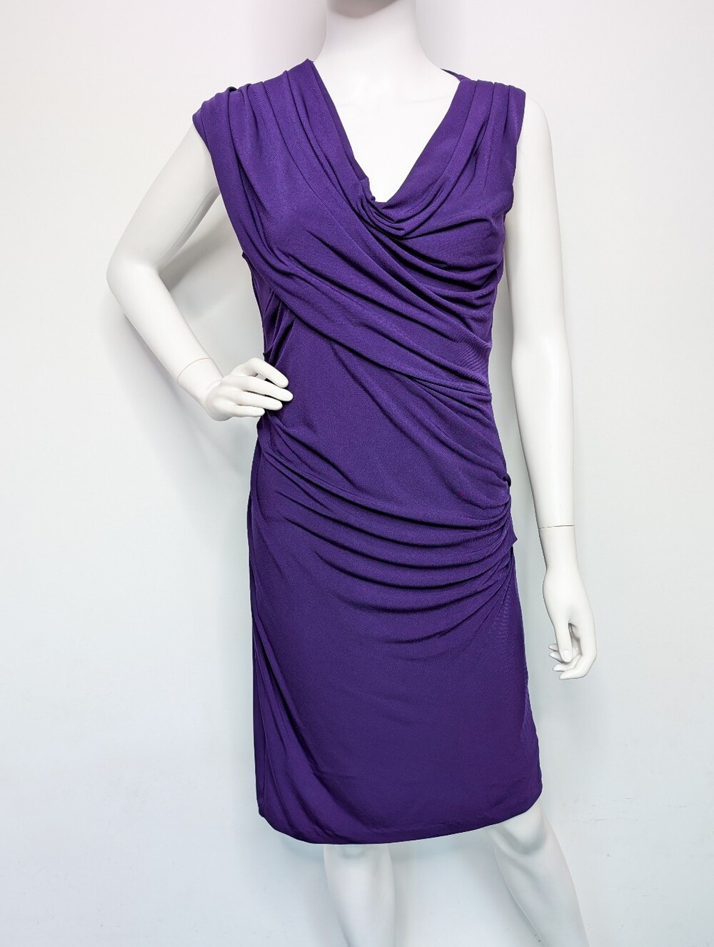 Y2K Royal Purple Sleeveless Asymmetrical Draped Cowl Neck Sheath Midi Dress